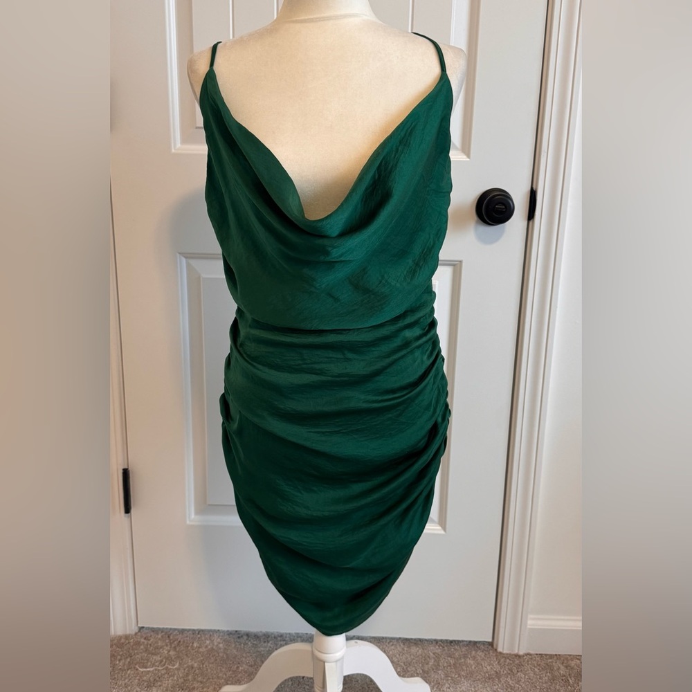 Nasty Gal Size 8 Green Satin Spaghetti Strap Fitted Dress. Draped Low Neck NEW!
